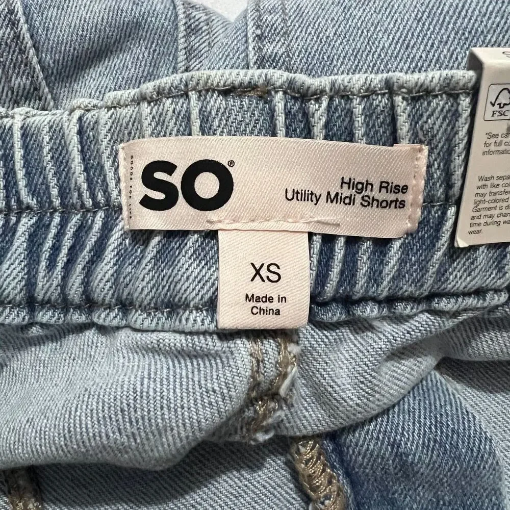 SO High Rise Utility Denim Jean Shorts XS Raw Hem Casual Stretchy Pockets - Picture 3 of 4